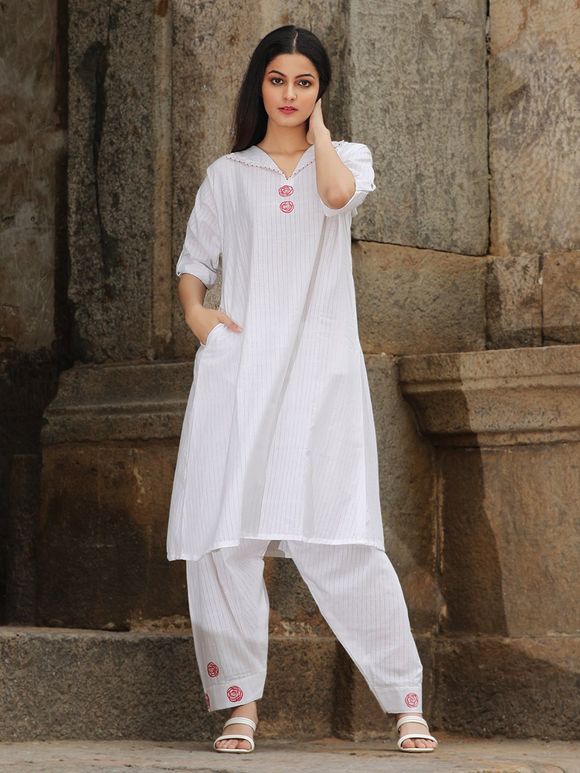 White Handwoven Cotton Tunic with Salwar - Set of 2