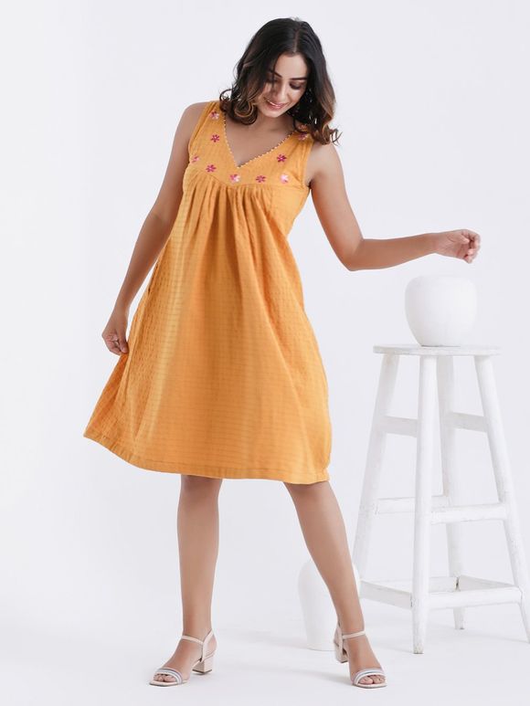 Yellow Hand Embroidered Cotton Dress
