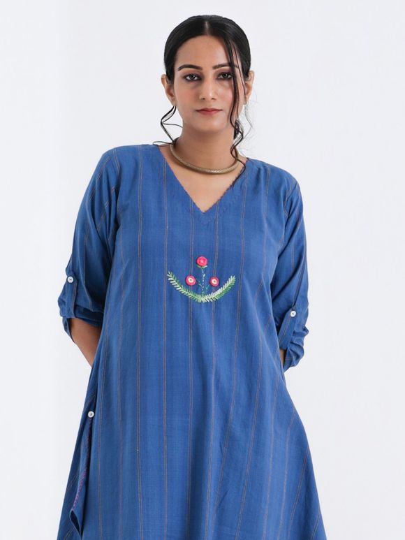 Royal Blue Hand Embroidered Cotton Kurta with Pants - Set of 2
