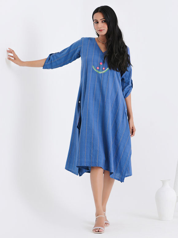 Royal Blue Hand Embroidered Cotton Dress