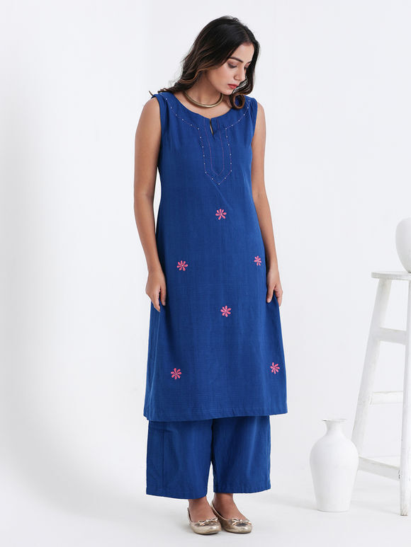 Blue Hand Embroidered Cotton Kurta with Pants - Set of 2