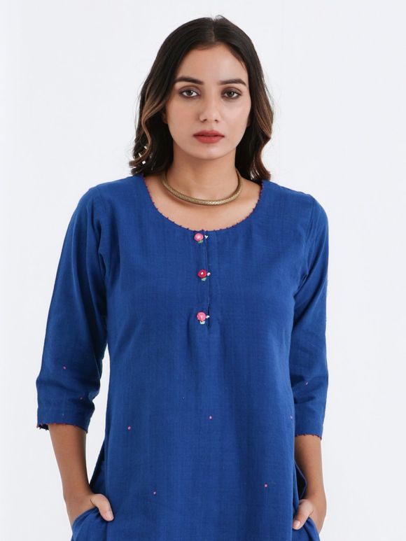 Blue Hand Embroidered Cotton Kurta with Pants - Set of 2