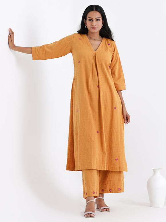 Yellow Hand Embroidered Cotton Kurta with Pants - Set of 2