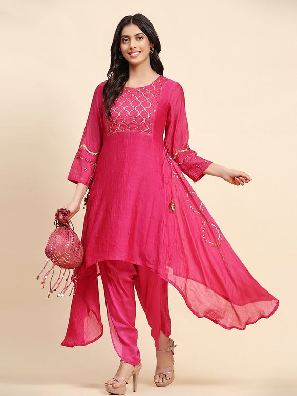 Pink Sequins Work Chanderi Silk Kurta with Slip and Tulip Pants - Set of 2