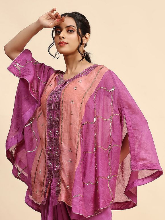Mauve Pink Mukaish Work Chanderi Silk Cape with Drape Skirt- Set of 2
