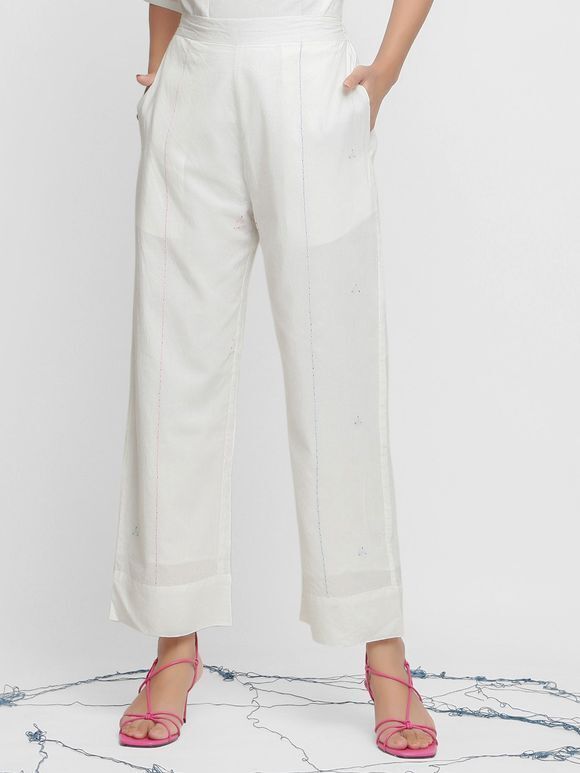 Off White Embroidered Organic Cotton Pants