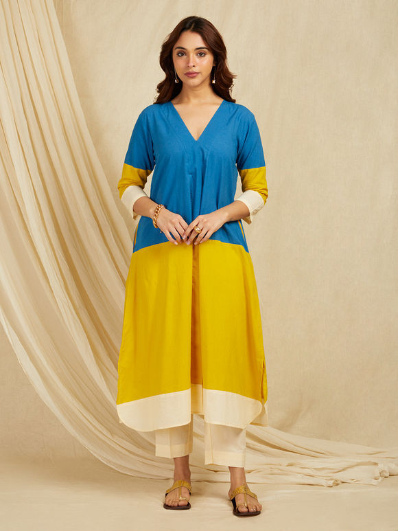 Blue Yellow Color Block Cotton Kurta with Pants- Set of 2