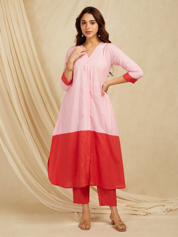 Pink Red Color Block Cotton Kurta with Pants- Set of 2
