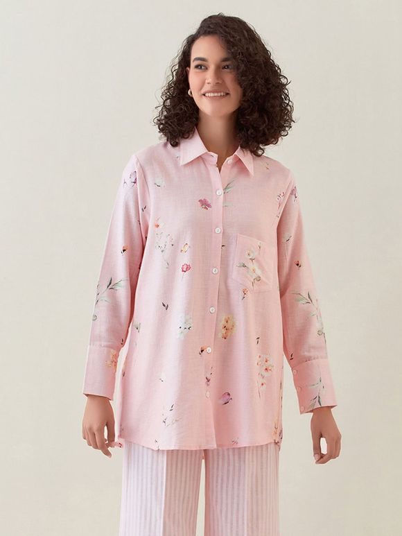 Pink Printed Cotton Linen Shirt