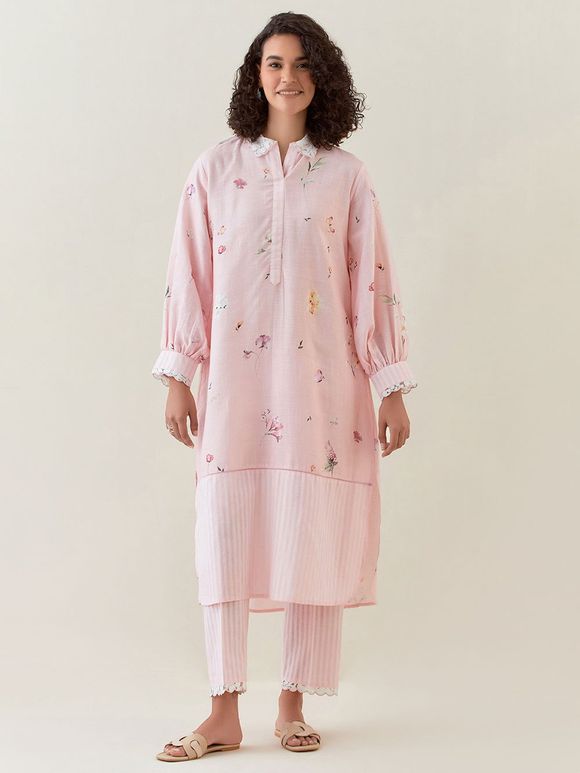 Pink Printed Cotton Linen Kurta