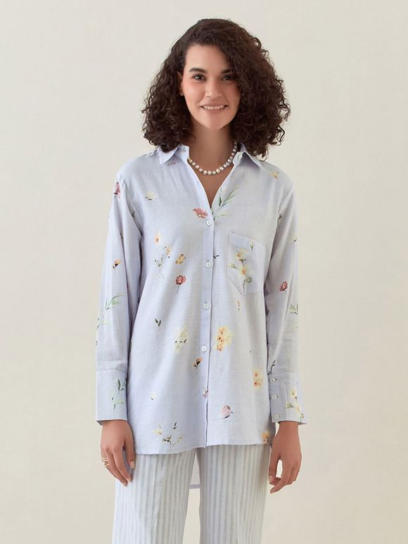 Lavender Printed Cotton Linen Shirt