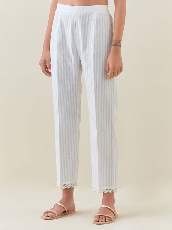White Striped Cotton Pants