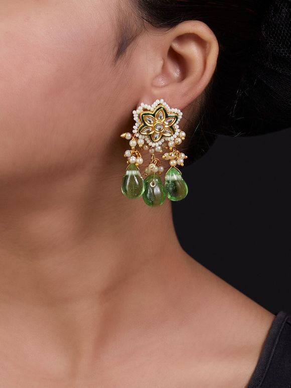 Gold Toned Green Handcrafted Metal Pearl Earrings
