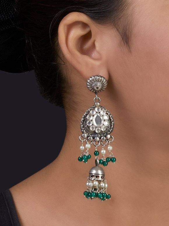 Green Handcrafted Silver Jhumkies
