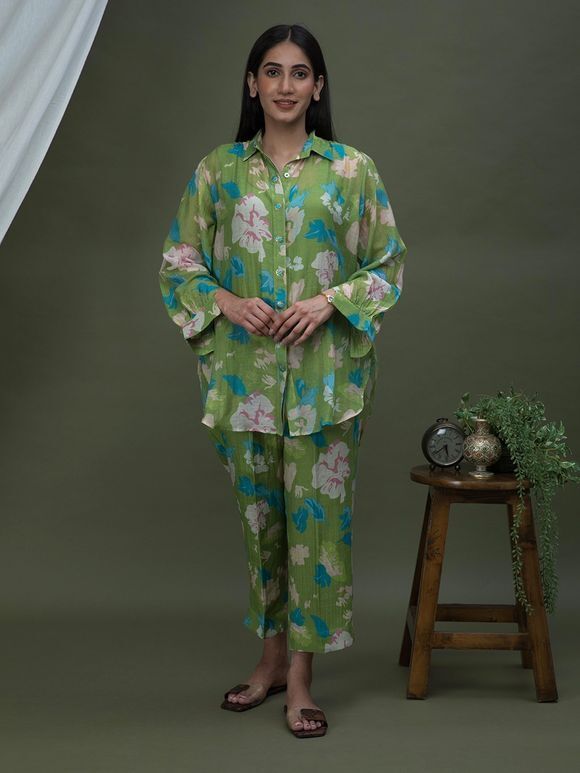 Green Printed Chanderi Shirt with Inner and Pants- Set of 2