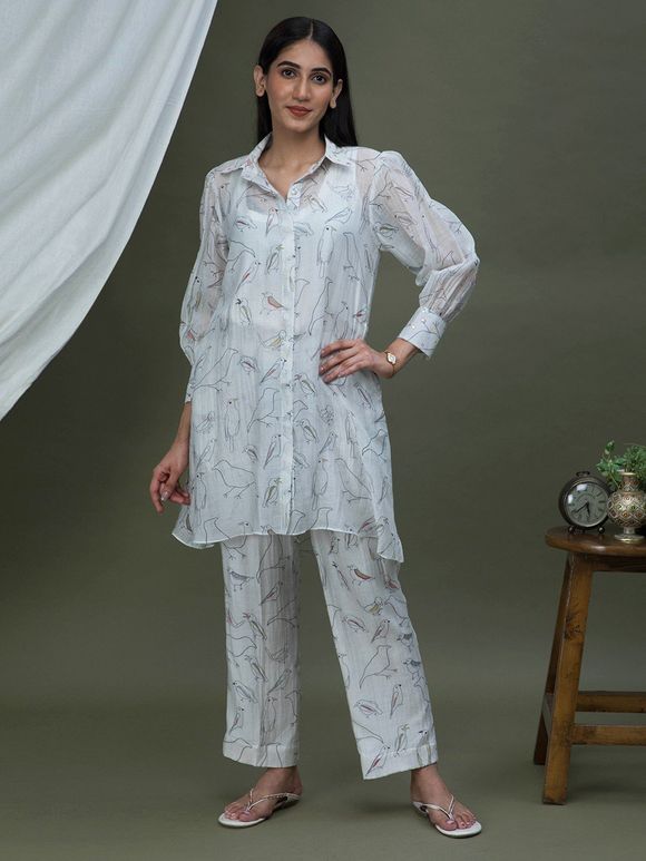 White Black Printed Chanderi Shirt with Inner and Pants- Set of 2