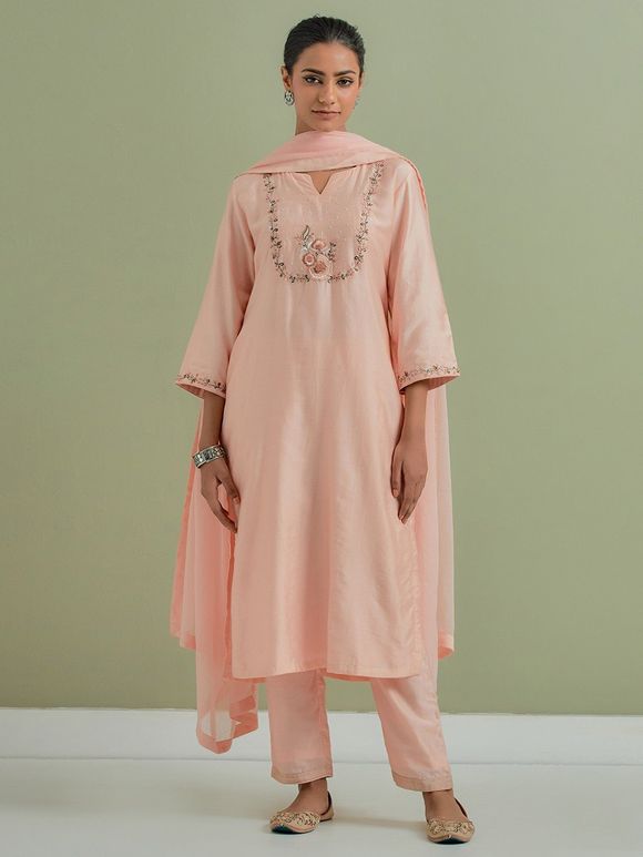 Peach Embroidered Chanderi Silk Suit - Set of 3