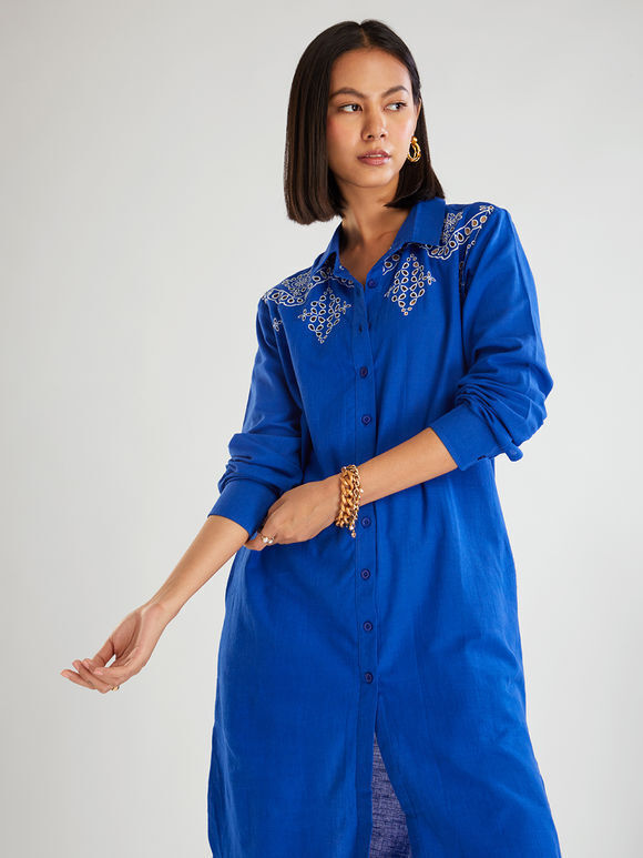Blue Embroidered Poplin Shirt Dress