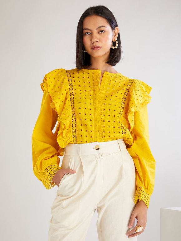 Yellow Cutwork Cambric Cotton Shirt