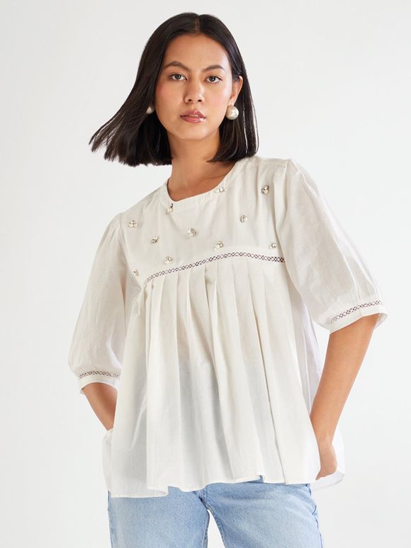 Ivory Embroidered Poplin Top