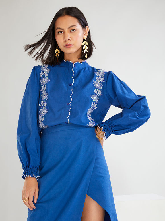 Blue Embroidered Cambric Cotton Shirt