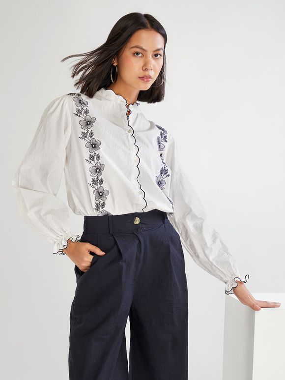 Ivory Embroidered Cambric Cotton Shirt