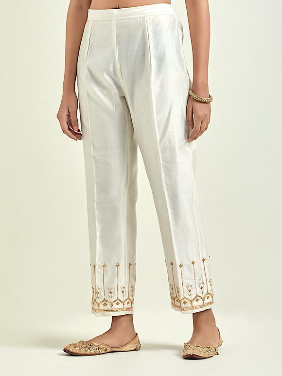 Off White Hand Embroidered Chanderi Silk Pants