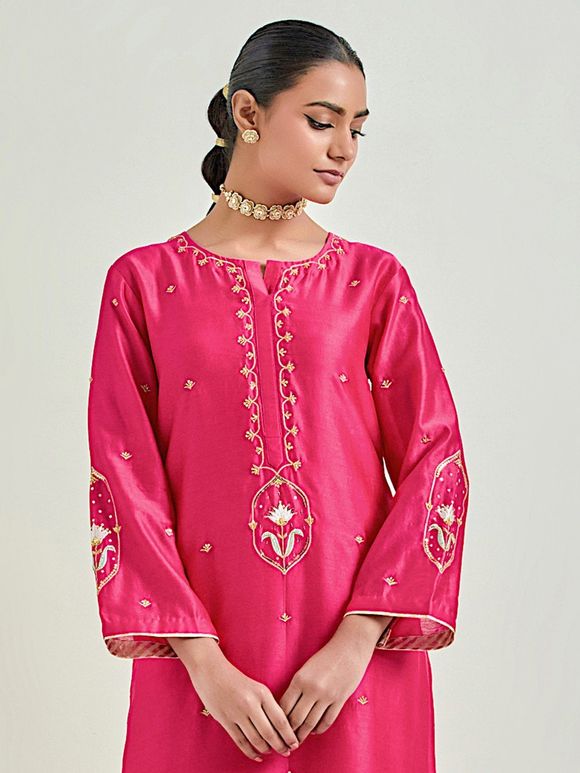 Pink Hand Embroidered Chanderi Silk Kurta