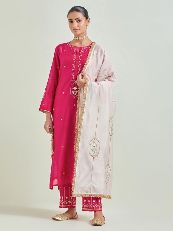 Light Pink Hand Embroidered Chanderi Silk Dupatta