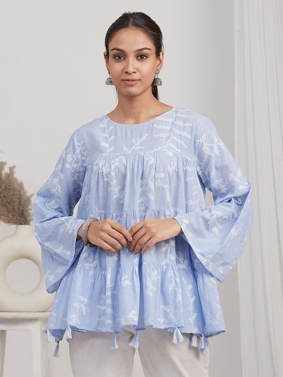 Blue Embroidered Cotton Tiered Top
