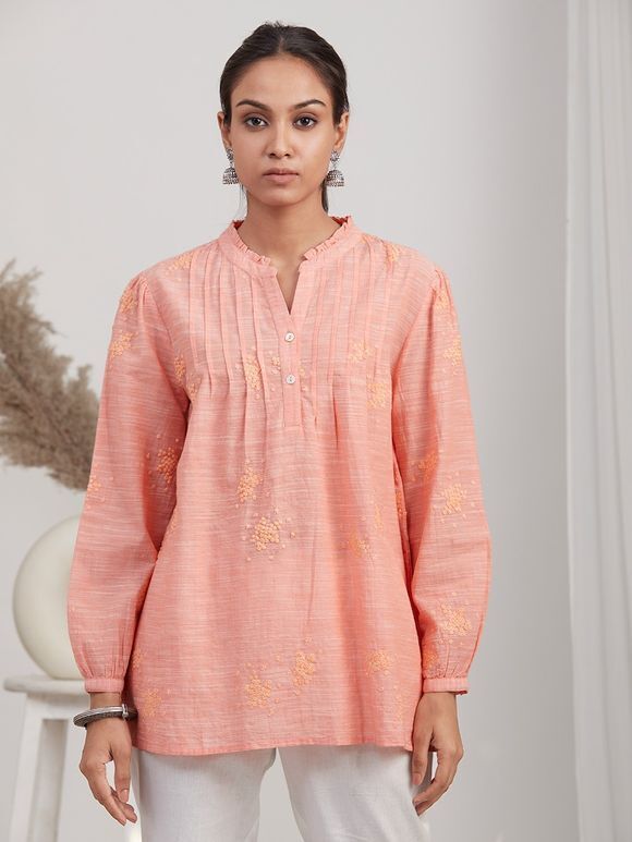 Orange Embroidered Cotton Pleated Top