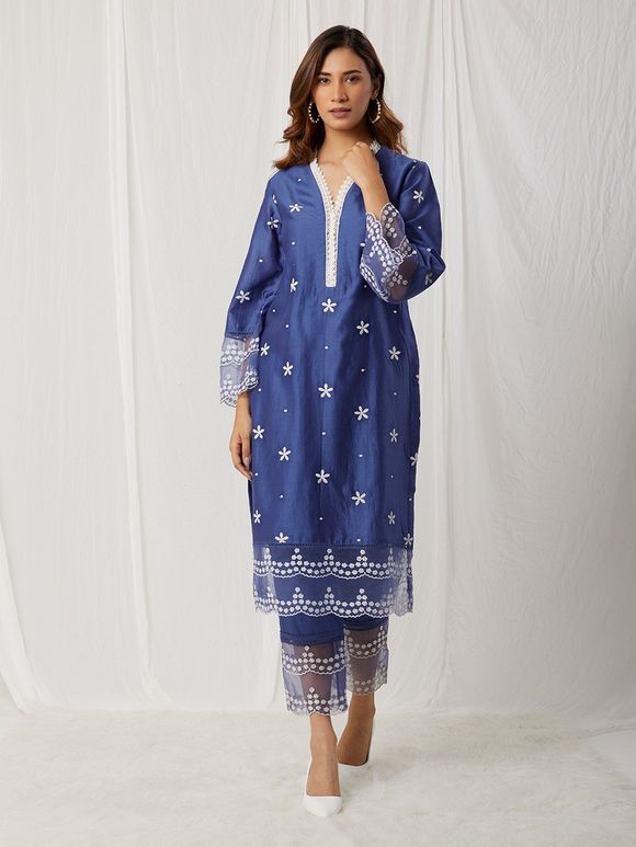 Blue Embroidered Chanderi Kurta with Cotton Pants - Set of 2