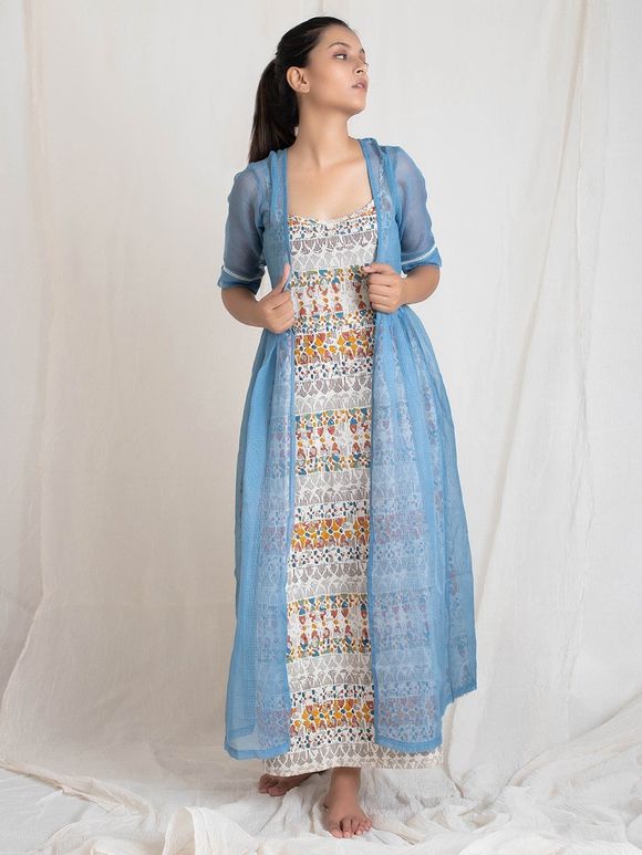 Multicolor Hand Block Printed Cotton Dress with Kota Doria Jacket - Set of 2