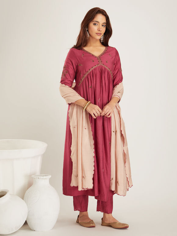 Burgundy Embroidered Chanderi Suit- Set of 3