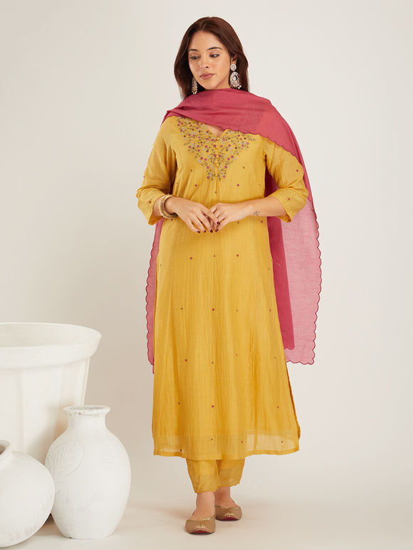 Mustard Yellow Embroidered Cotton Silk Suit- Set of 3