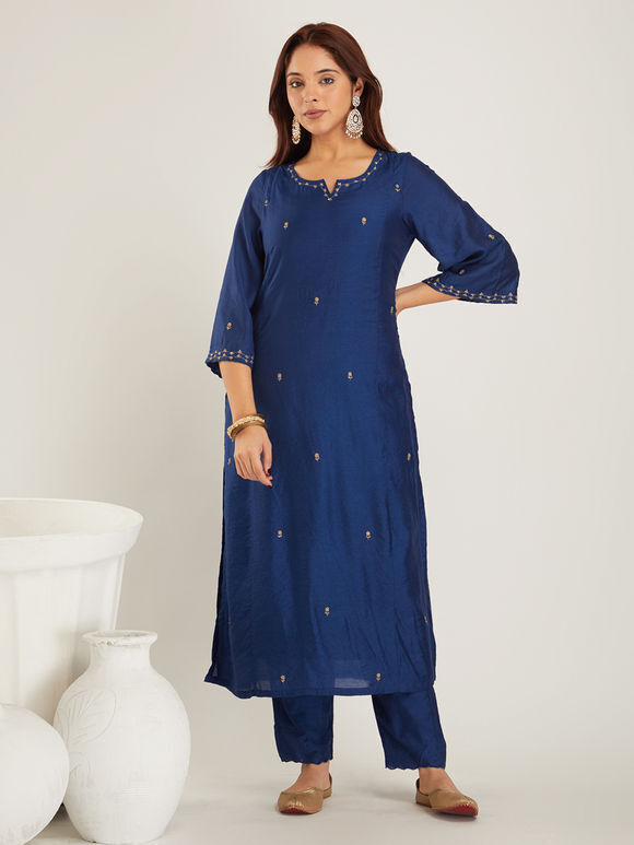 Teal Blue Zari Embroidered Chanderi Suit- Set of 3