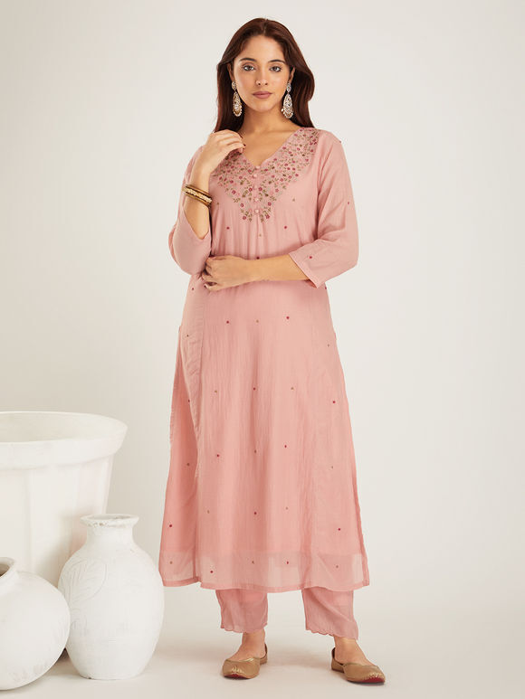 Light Pink Embroidered Cotton Silk Suit- Set of 3