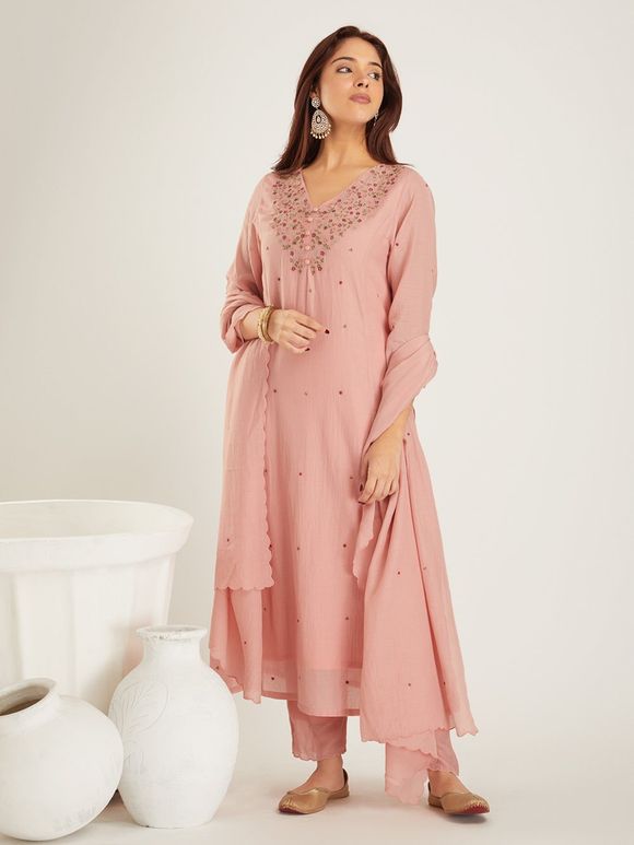 Light Pink Embroidered Cotton Silk Suit- Set of 3