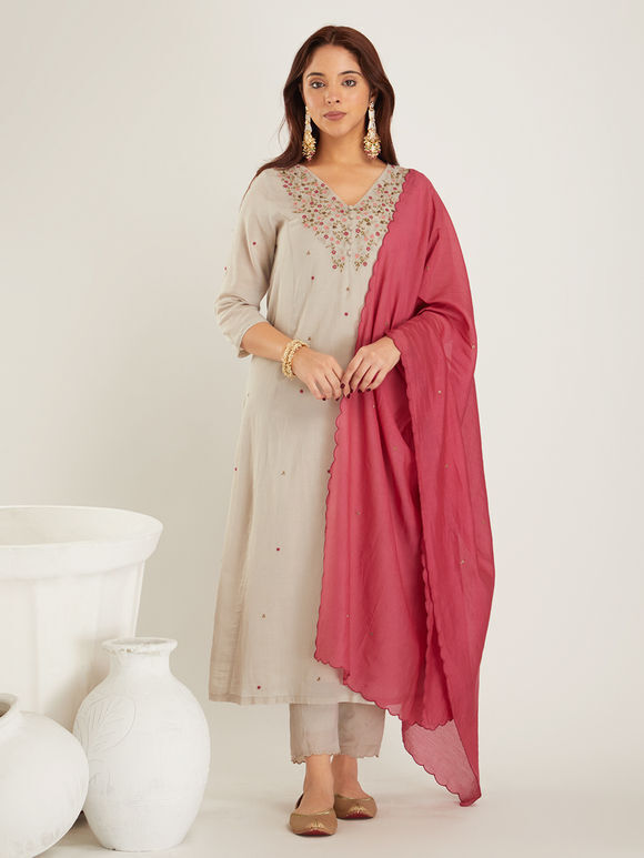Grey Embroidered Cotton Silk Suit- Set of 3