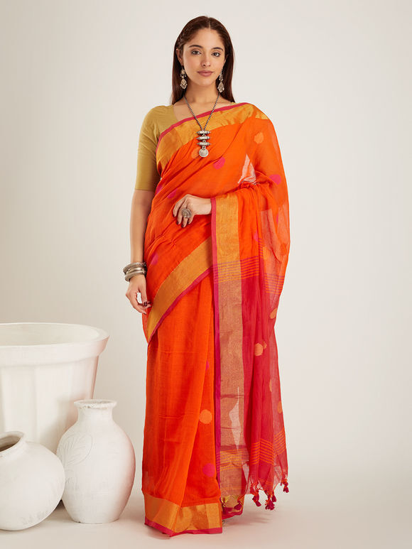 Orange Handwoven Cotton Saree