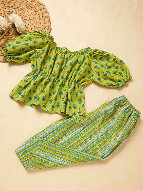 Green Printed Cotton Co-ord Set- Set of 2