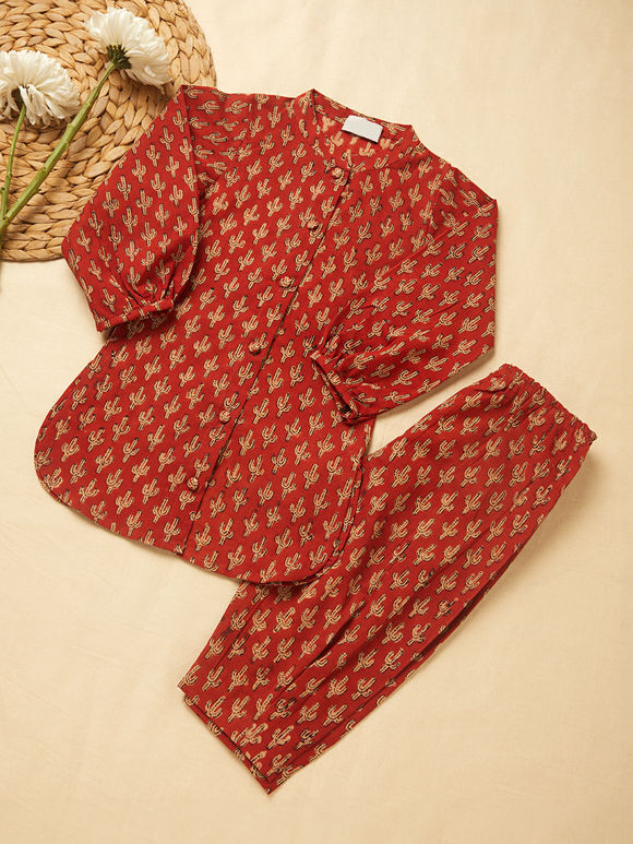 Red Printed Cotton Co-ord Set- Set of 2