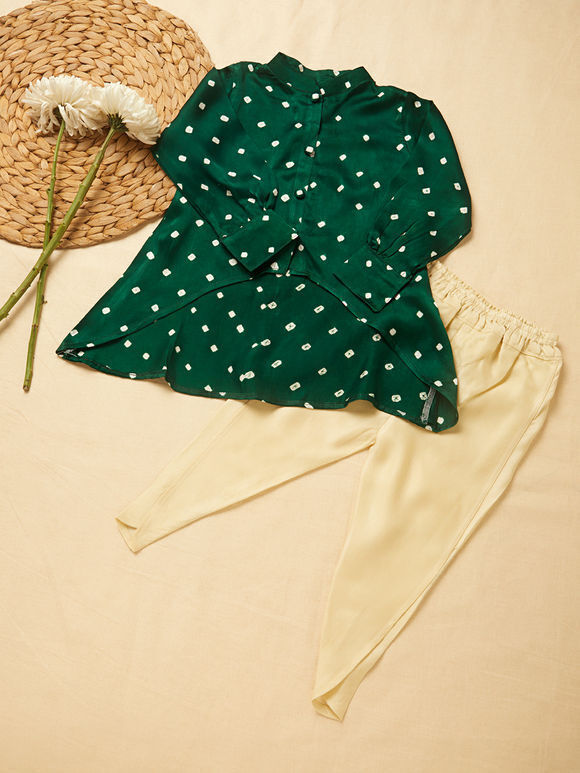 Green Bandhej Modal Silk Top with Dhoti Pants- Set of 2