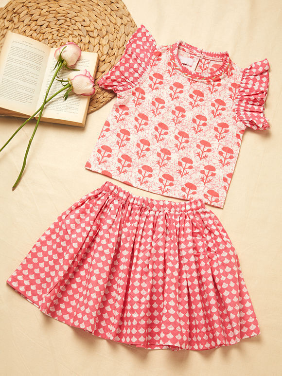 Pink Hand Block Printed Cambric Cotton Top with Skirt- Set of 2