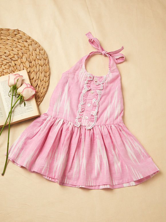 Light Pink Ikat Weave Cotton Gathered Dress