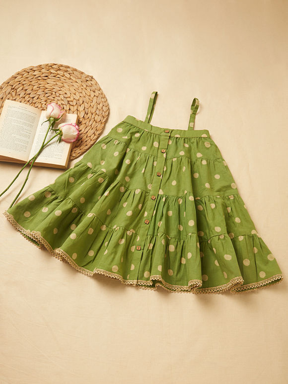 Sage Green Polka Dot Hand Block Printed Mulmul Dress