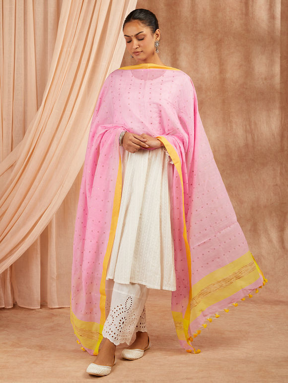 Pink Handloom Cotton Blend Dupatta
