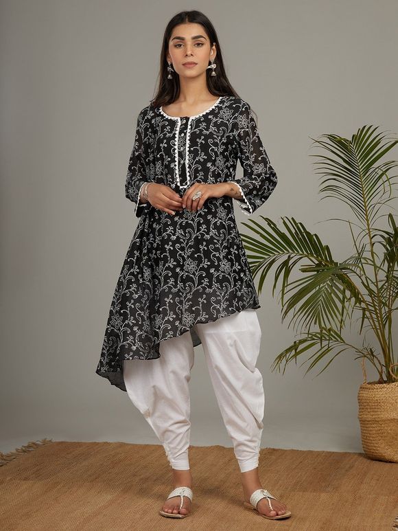 Black Hand Block Printed Chanderi Silk Asymmetric Kurta with White Cotton Dhoti Pants - Set of 2