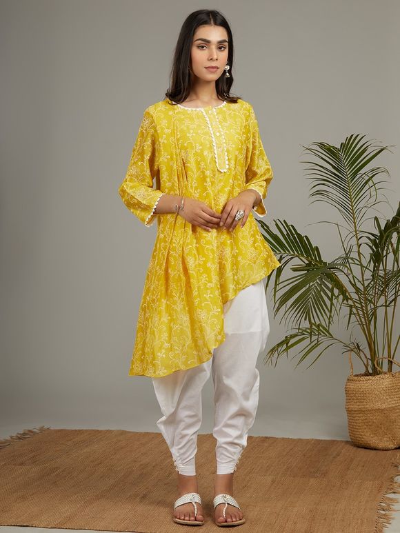 Yellow Hand Block Printed Chanderi Silk Asymmetric Kurta with White Cotton Dhoti Pants - Set of 2