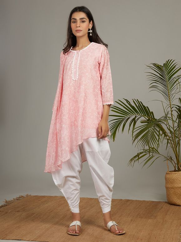 Pink Hand Block Printed Chanderi Silk Asymmetric Kurta with White Cotton Dhoti Pants - Set of 2